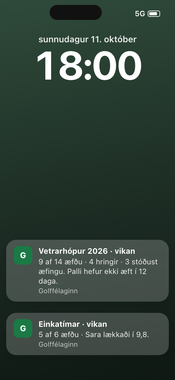 A lock screen on Sunday evening with two notifications, one per group: how many practised, rounds played and drills passed, and who hasn't practised.